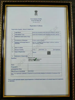 GST registered certificate of Narayan Packers and Movers Pvt Ltd