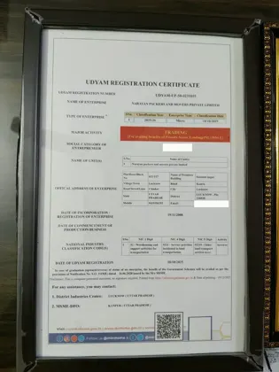 MSME (Udyam) registered certificate of Narayan Packers and Movers Pvt Ltd
